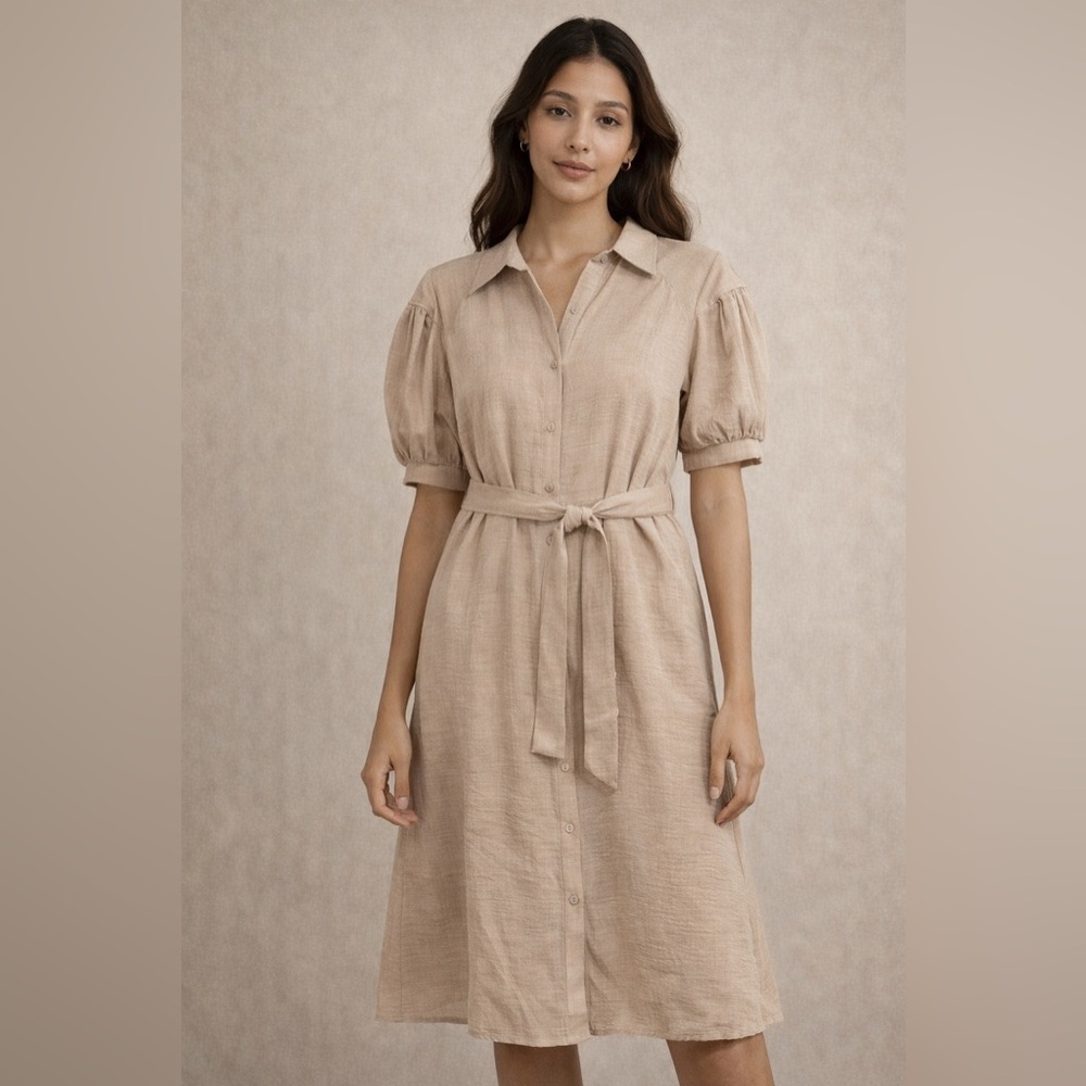 DKNY Beige Midi Dress with Puff Sleeves